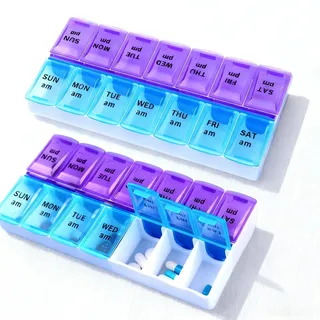 MYLERCT 2 Stück Pillendose 7 Tage 2 Fächer, Medikamentenbox 14 Tage | Tablettenbox 14 Tage, Tablettenbox 7 Tage 2 Fächer für Die Tägliche Aufbewahrung von Vitaminen, Fischöl und Tabletten