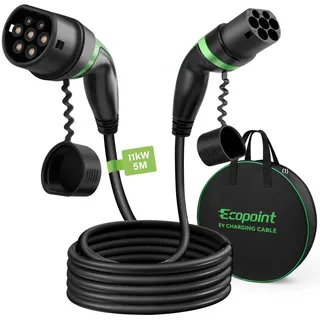 ECOPOINT 11-5-STR Typ 2 Ladekabel für Elektrofahrzeuge, 11 kW, tragbares 3-Phasen 16A, Mennekes Mode 3 Ladekabel für EV und PHEV (5M Gerades Kabel)