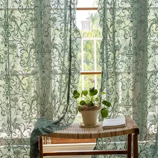 TUDECO Grüne durchsichtige Vorhänge, 213 cm lang, rustikale Landhaus-Spitzen-Vorhänge für Wohnzimmer, Tüll, Blumenrüschen, Privatsphäre, Frühlingsdekoration, lichtfilternde Fenstervorhänge, 150 x 213