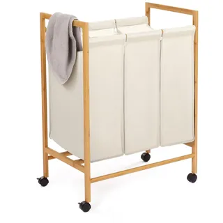 IDMarket Wäschekorb mit 3 Fächern aus Bambus, Rita, Stoff, écru mit Rollen