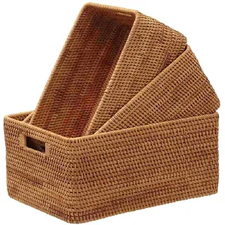HH-CC Handgefertigter Rattan-Korb, rechteckiger Aufbewahrungskorb mit Griffloch, gewebter Weidenkorb für Obst, Gemüse, Brot, Serviertablett, Lebensmittel-Organizer,33 * 23 * 11CM+30 * 20 * 10CM