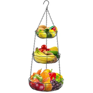 Kongming Obstkorb Hängend Schwarz, 3 Etagen Hängekorb Küche, Metall Hängender Obstkorb mit Haken für aufbewahrung Obst Gemüse Brot und Lebensmitteln, H x D: 84 x 29 cm