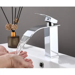 Badarmatur Wasserfall Wasserhahn Badezimmer Armatur Mischbatterie Silber GMF703