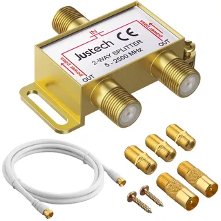 Justech TV-Antennen-Splitter, 2-Wege-vergoldeter Koaxialkabel-Splitter MoCA 5–2500 MHz mit 1,5 m Koaxialkabel, F-Stecker für Sky Box, Telewest, Eurovox, Starview, Dreambox