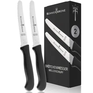 Schwertkrone® Frühstücksmesser [ROSTFREIER EDELSTAHL] - Brötchenmesser Messer - Brotzeitmesser Jausenmesser Tafelmesser - Schneidemesser Wellenschliffmesser - Vespermesser Sägemesser (2er Set)