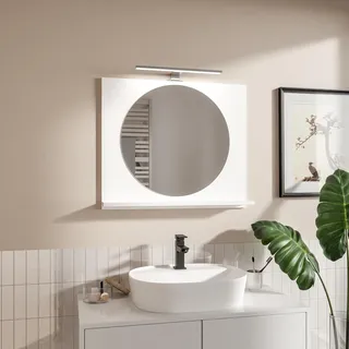HAJDUK FURNITURE Badspiegel mit Beleuchtung und Ablage Weiß H:60 x B: 70 cm Rund Spiegel ⌀55 cm Bathroom Mirror Moderner Badezimmer Spiegel Rechteckig Wandspiegel mit Regal LED-Gehäuse Chrom