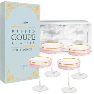 Crutello Champagner-Coupé-Gläser, 4 Stück, goldfarbener Rand, 200 ml, Vintage-Cocktailglas, gerippt, geriffelt, für Champagner, Martini, Manhattan, Cosmopolitan, Spritz und gefrorene Getränke
