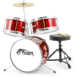 Tiger Junior Kinder-Drumkit 3-teilig Anfänger Drumset - Rot | Mit Snare, Tom, Bassdrum, Pedal, Cymbal, Sitz und Sticks, komplettes Set für Kinder