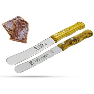 SMI Brötchenmesser 2-tlg Buttermesser Wellenschliff Frühstücksmesser Buckelsmesser, Olivenholz Solingen braun
