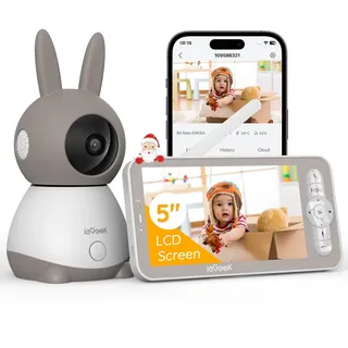 ieGeek Babyphone mit Kamera Top Qualität 2K/3MP, 5 Zoll WLAN Video babyfone PTZ 360°, IR-Nachtsicht, Automatische Verfolgung, Weinen/Bewegungs/Geräuscherkennung, Temperaturanzeige,Mobile App Steuerung