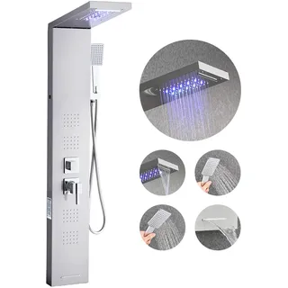 Vevor Duschpaneel-Turmsystem (5 Modi) mit Regenwasserfall-Duschkopf & LED, (1345 mm) Duschsäule aus gebürstetem Edelstahl, Regenmassagesystem zur Wandmontage, mit Handbrause & 4 Körperbrausen