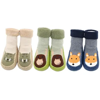 FYGOOD 3er Set Unisex-Baby Socken Hüttenschuh, Cartoon Anti-Rutsch Boden Socken Rutschsocken Pinguin-Hase XS(0-10 Monate/Sohlenlänge: 12cm)