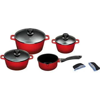 4-tlg. rot 3 x Kochtopf + Stielkasserolle + 2 x Henkelpads