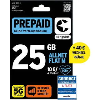 congstar Prepaid ALLNET M SIM-Karte ohne Vertrag I 25 GB Prepaid-Paket + 40€ Wechselbonus, in D-Netz Qualität I 5G mit 25 Mbit/s I Telefonie & SMS Flat in alle dt. Netze