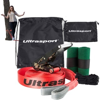 Ultrasport 15m Slackline Advance mit Ratsche inkl. Tragetasche, Slackline für Anfänger, Kinder und Familien, erhältlich mit Baumschutz, Slackline-Set, Fitness Slackline, rot