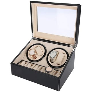 Automatische Uhrenbeweger Box, Uhren Aufbewahrungsboxen mit 4 Uhrenbewe + 6 Uhren, Drehen Mute Uhrenbeweger Display-Boxen PU-Leder für Uhrengeschäft und Zuhause 31 x 24 x 18 cm