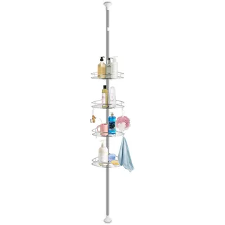 Verstellbares Eckduschregal, 4 Ebenen, Rostfreies Eisen verchromt, Teleskop 190-310 cm, Tragkraft 40 kg, Dreieck Bad Organizer