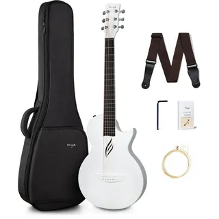 Enya Nova Go Akustik Gitarre aus Kohlefaser Acoustic Guitar 1/2 Gitarre für Anfänger, Konzertgitarre, Akustikgitarre mit Gitarrentasche, Gitarrengurt, Putztuch, Saite (Weiß)