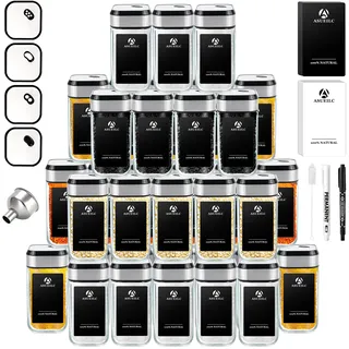 SIAZIH Omnidirektionale Drehung Gewürzgläser Eckig Set | Drei Kaliber frei einstellbar | 35 Gewürzdosen 120ml | Perfekte Organisation Küche Gewürz Organizer | Glas Gewürzbehälter mit Gewürzetiketten