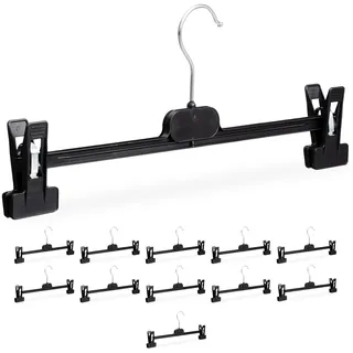 Relaxdays Hosenbügel 12er Set, 2 Klammern, Clipkleiderbügel für Hosen & Röcke, HBT: 15x35,5x2,5 cm, PP & Eisen, schwarz