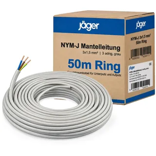 JÄGER NYM 3x1,5 Kabel 50m Ring, NYM-J Mantelleitung 3 adrig, grau | Stromkabel 3x1,5 für Unterputz und Aufputz, Feuchtraumkabel, eindrähtiger Kupferleiter klemmbar ohne Aderendhülse, VDE 0250