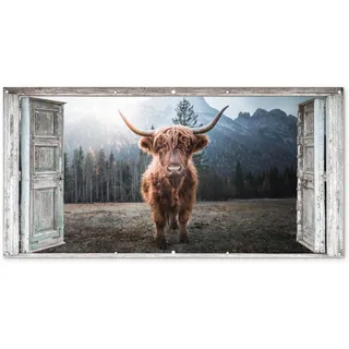 MuchoWow© Gartenposter Groß 200x100 cm XXL Outdoor Bilder Gartendeko für draußen Wetterfest Garten Deko Modern Geschenke Banner Draußen Bild Schottische Hochlandrind - Kuh - Landschaft - Fensterblick