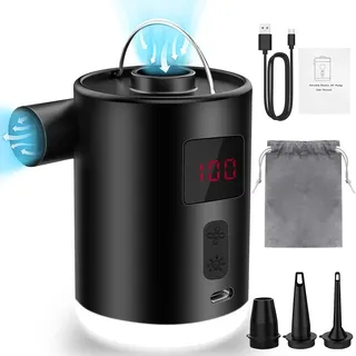 EOPUOZS Elektrische Luftpumpe, 4000 mAh, wiederaufladbarer Akku mit 3 Düsen, tragbare elektrische Luftpumpe, mit Lichtquelle, kann aufgehängt Werden, geeignet für Schlauchboote, Pools, Bettmatratzen