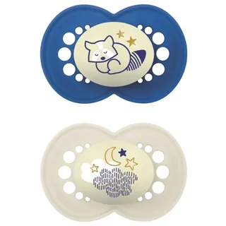 MAM Original Night, Schnuller, 16+ Monate (2er-Set), MAM 16 36 Monate, Silikon, kiefergerecht, leuchtet im Dunkeln, 2er-Set mit Sterilisator-Schnullerhalter, Blau/Creme