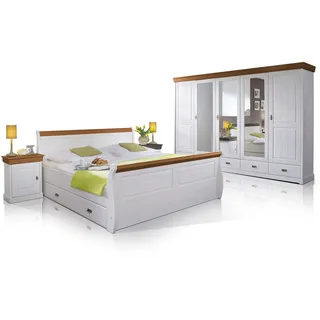 Schlafzimmerset Bett Bettkasten Schrank Nakos ROMAN Massivholz Kiefer weiß/honig