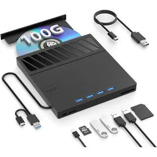 Externes Blu-ray Laufwerk, DVD/BD Player Lesen/Schreiben, Blu-ray Laufwerk, Externes USB Laufwerk mit 4 USB Ports und 1 SD/TF Slot USB 3.0 Type-C Blu-ray Laufwerk Drive für Laptop PC Windows Mac OS