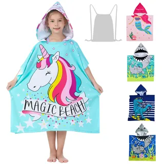 Athaelay Poncho-Handtuch mit Einhorn-Design für Mädchen, ultraweich, Badeanzug, Überzug mit Kordelzug, für 3 bis 10 Jahre, Kinderbad, Strand und Pool