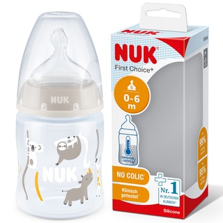 NUK First Choice+ grau, 0–6 Monate | Temperature Control Anzeige | 150 ml | Anti-Colic-Ventil | BPA-frei | Trinksauger aus Silikon | Safari (neutral)