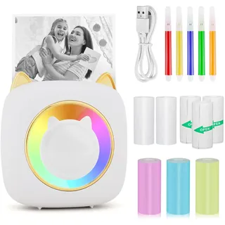 GuKKK Mini Drucker, Mobiler Fotodrucker, Tragbarer Mini Fotodrucker mit Sieben Farben LED, Wireless Fotodrucker Thermodrucker, Smartphone Bluetooth Drucker, für Lernhilfe,Lernnotizen,Journal (Weiß)