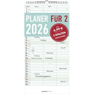 Art-Pol Planer für zwei 2026 mit 3 Spalten - Familien-Timer 22x45 cm - Offset-Papier - mit Ferienterminen - Wand-Planer - Familienkalender - Alpha Edition