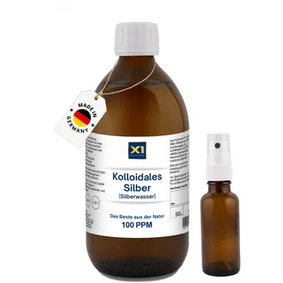 Kolloidales Silberwasser 100% natürlich - in Braunglasflasche mit auffüllbarer 30ml Sprayflasche - Reinstes Silber und reinstes Wasser - tägliche Produktion in Deutschland (100 ppm, 500 ml)