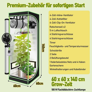 Izrielar Growbox Komplettset,Indoor Gewächshaus mit 100W LED Vollspektrum Dimmbar, Carbon-Filter, Ventilator, Anzuchtzelt, Zuchtzelt,60x60x140 - Schwarz