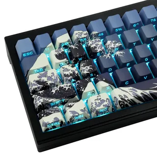 PBT Keycaps, 131 Keys Blue Ukiyo-e Keycap Dye-Sublimation Cherry Profile Shine Through Side Engraved Transparent Keycaps for Cherry Gateron MX Switches Mechanical Keyboards