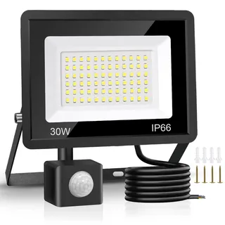 Jsdoin 50W LED Strahler mit Bewegungsmelder 4500LM Außenstrahler 6500K Kaltweiß Superhell Scheinwerfer Flutlicht IP65 Wasserdicht Wandleuchte Aussen Tageslicht Wandleuchte mit 2m Kabel (30W)