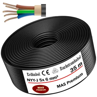 MAS Premium Erdkabel Stromkabel 5-125m NYY-J 5x1,5, 2,5, 4, 6, 10 oder 16 Elektrokabel Ring zur Verlegung im Freien, Erdreich (NYY-J 5x6 mm2, 35m)