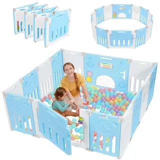Dripex Laufstall Baby faltbar, laufgitter baby aus Kunststoff, laufstall mit Tür und Spielzeugboard, laufstall 150×150cm Blau-Weiß