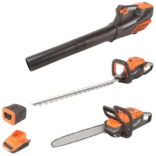 Yard Force LBN G40 40 V Garten-Werkzeug-Set: Heckenschere 60 cm | Kettensäge 35 cm | Laubbläser 180 km/h | 2,5 Ah Akku & 1 h-Schnellladegerät | GR40 Plattform