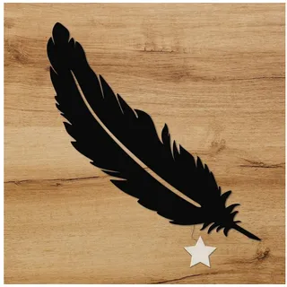 Namofactur LED Dekolicht Feder LED Wandlampe Holz 50cm, Mit Sternabdeckung, LED fest integriert, Warmweiß, Dekolicht Kinderzimmer Wanddeko Wohnzimer Wandbild schwarz