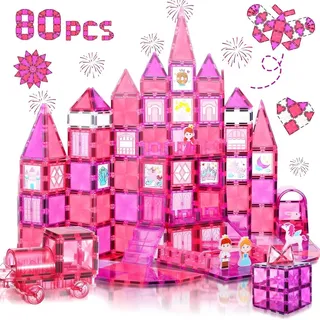 Olvy Magnetische Bausteine Montessori Spielzeug 80 pcs -Magnetic Tiles Kinder -Magnetbausteine - Magnetisches Konstruktionsspielzeug, Magna,Prinzessin