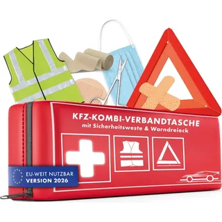 Walser KFZ Verbandstasche 2026 StVO konform, 3in1 Auto Erste Hilfe Set mit Pannendreieck und Warnweste, Kombitasche Verbandskasten 2026, Erste Hilf...