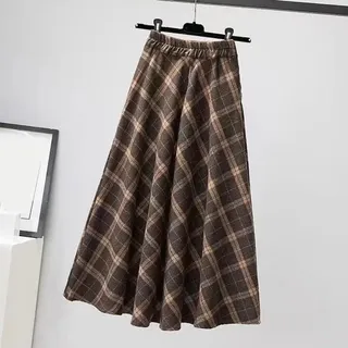 Damen brauner karierter A-Linien-Rock mit großem Swing-Saum, hohe Taille, elastische Taille, lockere Passform, Übergröße, Polyester-Rock für Herbst, Freizeitkleidung