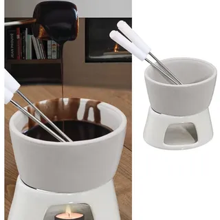Cepewa 1 x Keramik Schokofondue Set Fondue-Set Schokolandenfondue weiß inkl. 2 Edelstahlgabeln (1 x Schokofondue-Set)