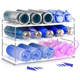 Huquter Ausziehbarer Flaschen Organizer 27-42 cm breit, 3 höhenverstellbare Ebenen mit rutschhemmender Wellenstruktur, für große 1,18-L-Becher, Kühlschrank, Küchenschrank, Arbeitsplatte und Büro