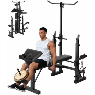 Multifunktional Hantelbank Set Klappbar, Verstellbar Hantelbank Fitnessgeräte kraftstation für zuhause mit Langhantelständer Latzugturm Seilzug Latzug Butterfly Training Bank, Beinbeuger Für Zuhause ﻿