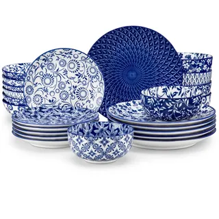 Geschirrset 6 Personen, vancasso Serie SELENE 24-tlg Hochwertiges Keramik Geschirr set Tafelservice aus Porzellan Blau-Weiß Geschirrsets mit Speiseteller, Salatteller, Suppenteller und Schüsseln