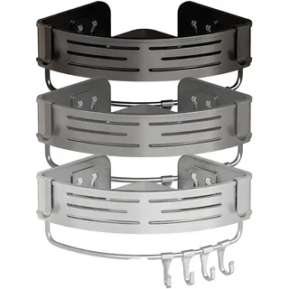 Andreas Dell SANIDELL Duschablage ohne Bohren – 3er Set Eckregal Aluminium rostfrei, Duschregal mit 4 Haken, Badezimmer Organizer für Shampoo & Duschgel